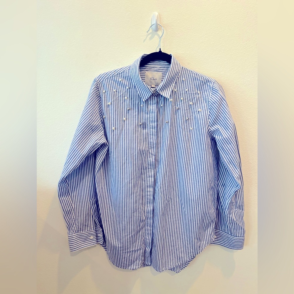 Rails Women's Blue/White Taylor Banker Stripe W/ Pearls Collared Sz M Blouse
